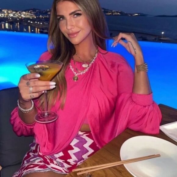 ZARA Bloggers Favorite Balloon Sleeve Crop Top Drapey Crossover Hot Pink Sz XL - Picture 9 of 16